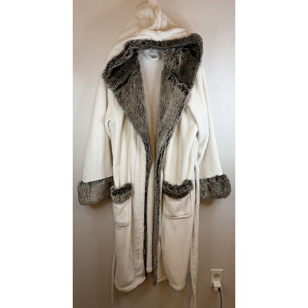 POTTERY BARN Faux Fur Ombre Robe One Size Plush Hooded Lounge Spa Luxury Cozy